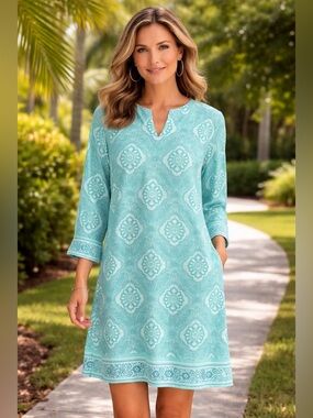 Coolibar Aqua Tile-Print V-Notch Swim Coverup